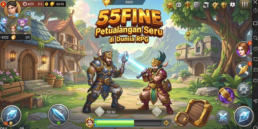 Screenshot utama 55FIVE menampilkan momen seru pertarungan RPG.