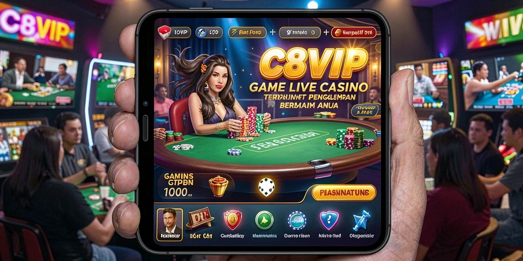 Screenshot C8VIP menampilkan dealer profesional dalam suasana kasino langsung.
