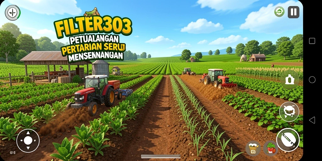 Tampilan gameplay FILTER303 dengan nuansa pertanian yang cerah dan interaktif.
