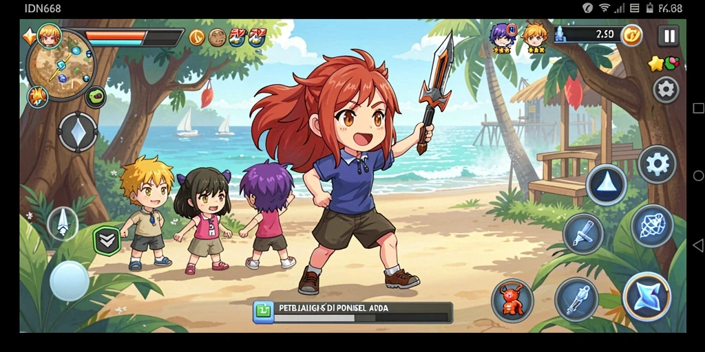 Screenshot dari gameplay IDN668 yang penuh aksi dan karakter Anime.