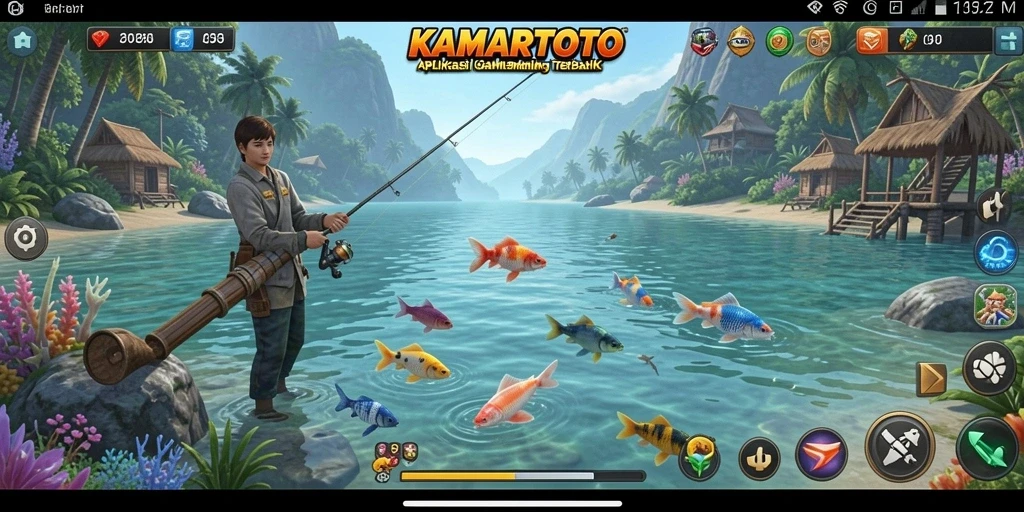 Screenshot gameplay KAMARTOTO dengan aktivitas memancing seru.