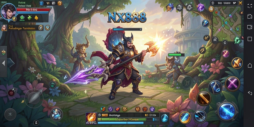 Tampilan gameplay menarik dari NX888 dengan karakter dan latar yang epik.
